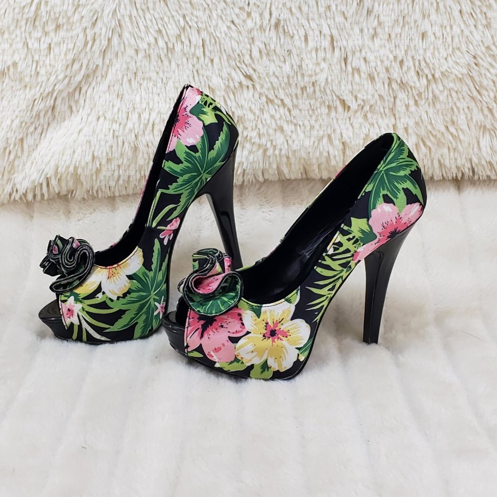 Tropical Floral Open Toe Ruffle Detail Platform Pumps Shoes - Picture 2 of 14